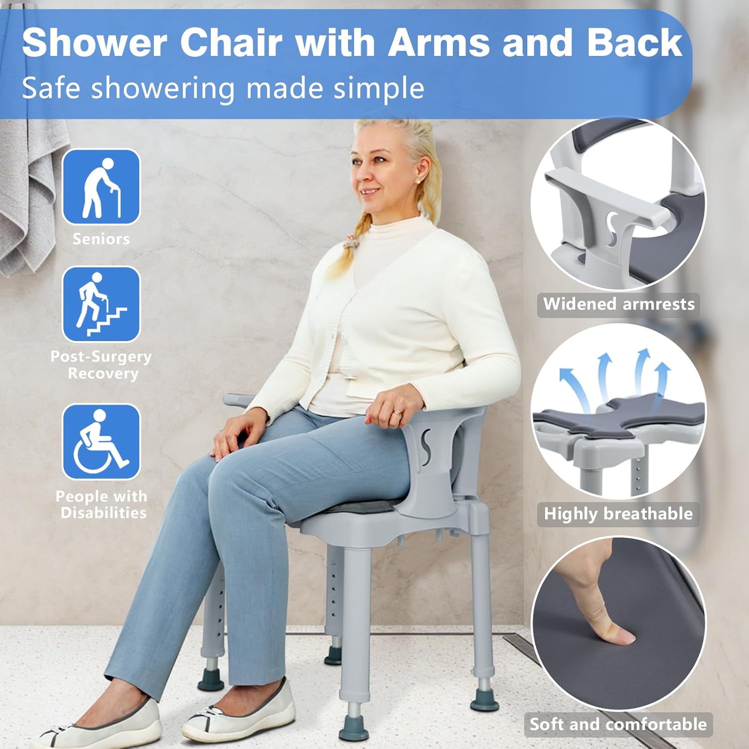 Shower Chair for Narrow Bathroom, Bath Stool for Elderly Disabled Adults, with Arms Back Cushion & Seat Cutout, 300 lbs Capacity, Fits 5ft Standard Tub and Small Shower Stall (Grey, Standard)